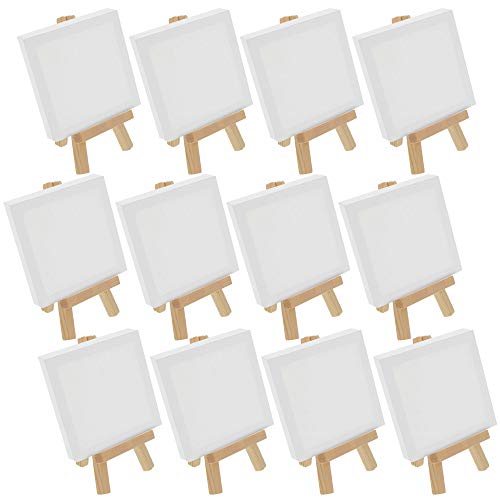 U.S. Art Supply 3" x 3" Stretched Canvas with 5" Mini Natural Wood Display Easel Kit (Pack of 12), Artist Tripod Tabletop Holder Stand - Painting Party, Kids Crafts, Oil Acrylic Paints, Signs, Photos