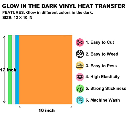 Glow in The Dark Vinyl Heat Transfer for Halloween, 12" x 10" PU Iron on HTV Vinyl Bundle Noctilucent Heat Press, Printable Halloween Glow Vinyl for Fall T-Shirts, Hats, Bags (4 Pack )