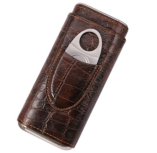 AMANCY 3-Finger Classy Black Brown Crocodile Pattern Leather Cigar Case with Small Humidifier and Cutter