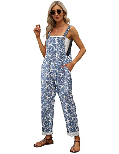 Gihuo Women's Fashion Baggy Loose Linen Overalls Jumpsuit(03Blue-3XL)