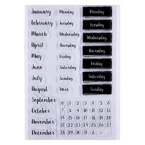 KWELLAM Words Calendar Week Month January December Monday Sunday Numbers Clear Stamps for Card Making Decoration and DIY Scrapbooking