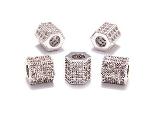 AD Beads Zircon Pave Rhinestones Big Hole Hexagon Spacer Beads 7x8mm 5Pcs Clear on Silver