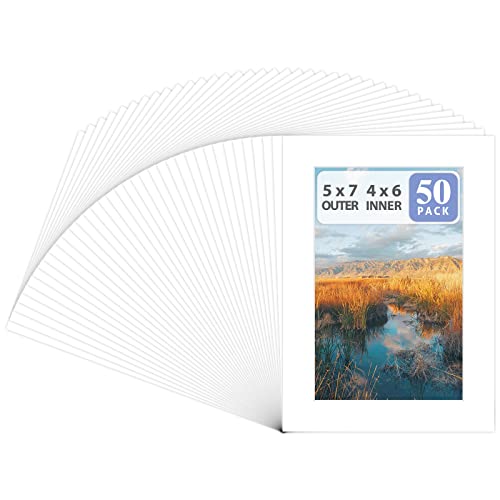 Golden State Art, Acid Free, Pack of 50 5x7 White Picture Mats Mattes with White Core Bevel Cut for 4x6 Photo