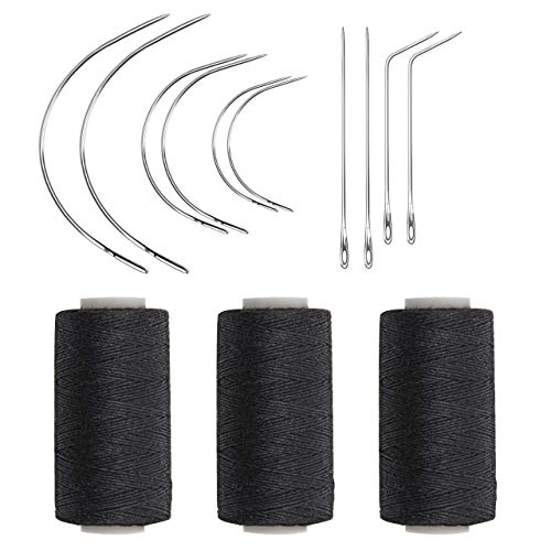 Ryalan Weaving Needle Combo Deal Black Thread with 10pcs Needle for Making Wig Sewing Hair Weft Hair Weave Extension, Big Medium and Small C J Shape Curved Needle I Needle (3 Thread Black + 10 Needle)