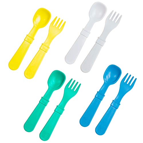 RE-PLAY Made in The USA 8pk Toddler Feeding Utensils Spoon and Fork Set |Eco Friendly Recycled Milk Jugs - Virtually Indestructible | Aqua, Yellow, White, Sky Blue (Surf+)