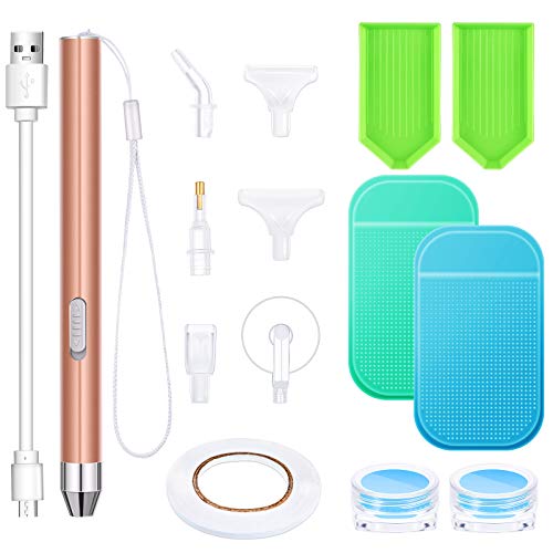15 Pieces LED Diamond Painting Tools Set 5D Diamond Painting Drill Pens DIY Light Point Pens with Different Pen Heads, Elbow Pen Heads, Plate Trays, Anti-Slip Mats, Tape, Clay Storage Case (Rose Gold)