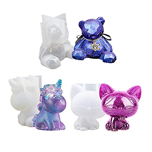 3 PCS 3D Cartoon Animal Resin Molds, Silicone Resin Casting Molds, Include 3D Bear Epoxy Molds, Cat, Trumpet Unicorn Casting Resin Molds,for Phone Holder Silicone Mold DIY Resin Craft