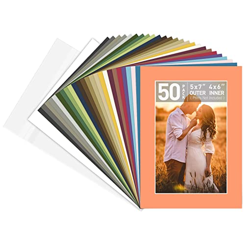Golden State Art, Pack of 50 Mix Pre-Cut 5x7 Picture Mat for 4x6 Photo with White Core Bevel Cut Mattes Sets. Includes 50 High Premier Acid Free Bevel Cut Matts & 50 Backing Board & 50 Clear Bags