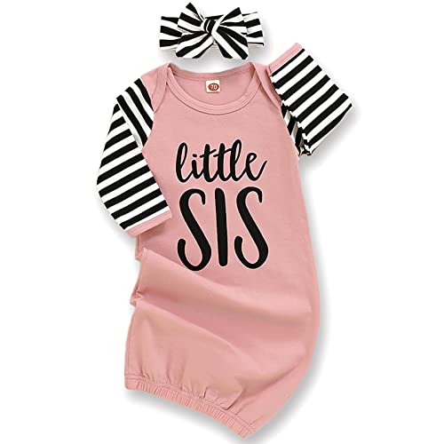 Newborn Baby Girl Little Sister Sleeper Gown Stripe Long Sleeve Nightgown Outfit (Pink, 0-6 Months)