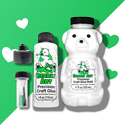 Bearly Art Precision Craft Glue -The Bundle - 4fl oz and 11fl oz Refill Bear - Tip Kit Included - Wrinkle Resistant - Flexible and Crack Resistant - Strong Hold Adhesive - Made in USA