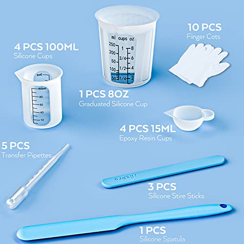 Silicone Resin Measuring Cups Tool Kit- Nicpro 250 & 100 ml Measure Cups, Silicone Popsicle Stir Sticks & Spatula, Pipettes, Gloves for Epoxy Resin Mixing, Molds, Jewelry Making, Waxing, Easy Clean
