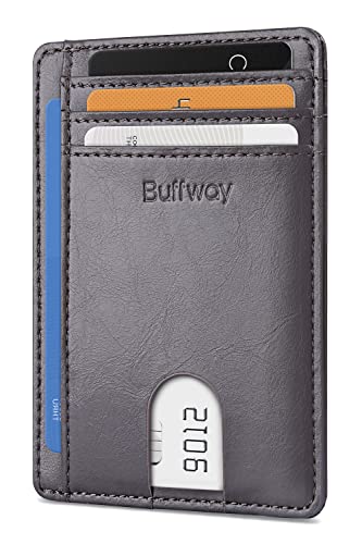Buffway Slim Minimalist Front Pocket RFID Blocking Leather Wallets for Men Women - Alaska Grey