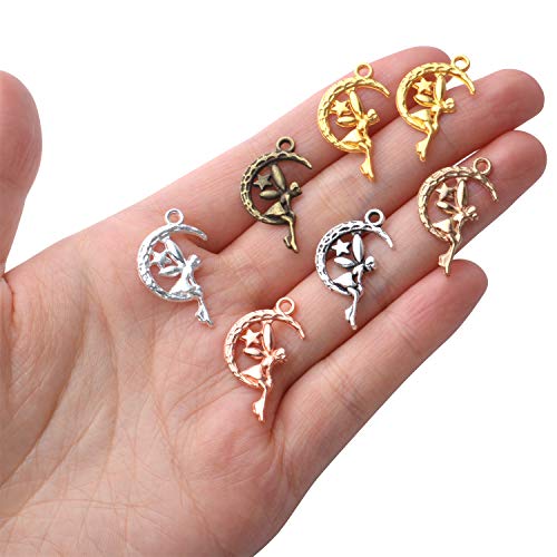 BronaGrand 60pcs Fairy on Moon Charms Alloy Angel Charms Jewelry Charms Pendants Earring Charms for Necklace DIY Jewelry Making Supplies,6 Colors
