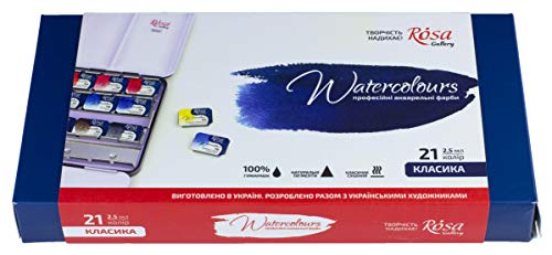 ROSA Gallery Professional Watercolor Paint Set, Made in Ukraine, 21 Water Colors of 2.5 ml, High Lightfastness Paints Kit for Artists, Adult, Lightweight and Portable Metal Case