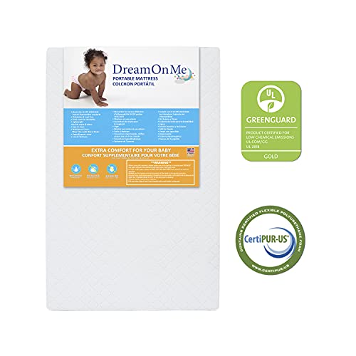 Dream On Me Holly 3” Fiber Portable Crib Mattress, Greenguard Gold Certified, Waterproof Vinyl Cover, Lightweight Mini Crib Mattress, White