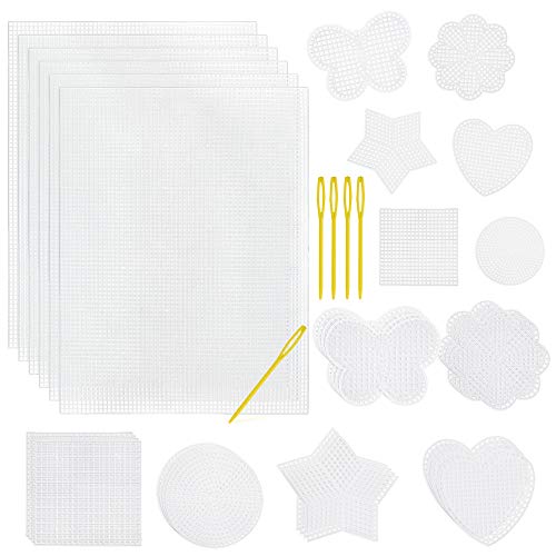 Pllieay 36 Pieces Mesh Plastic Canvas Sheets Kit Including 30 Pieces 6 Shapes 3 Inch Plastic Canvas and 6 Pieces Rectangular Plastic Canvas, Embroidery Tools for Embroidery Plastic Canvas Craft