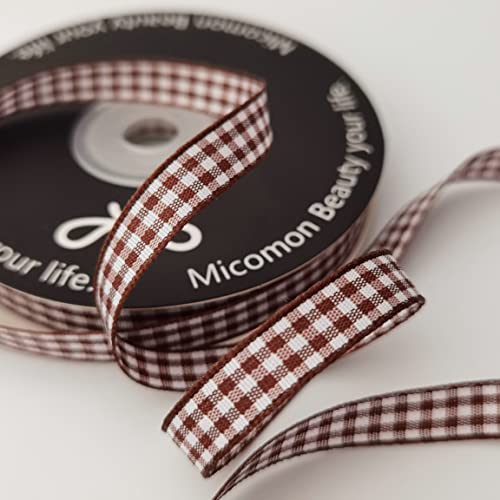 Micomon Brown Gingham Ribbon 25 Yards Christmas Ribbon for Crafts Plaid Checked Ribbon 100% Polyester (3/8", Brown)