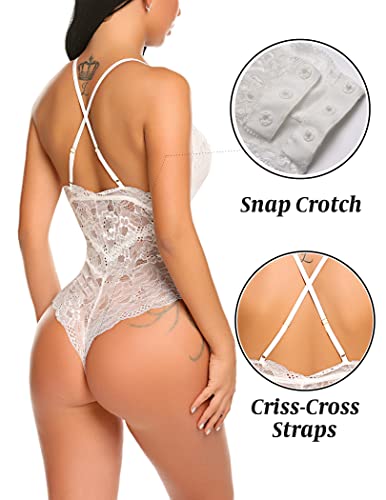 Avidlove Women Lingerie Sexy Snap Crotch Teddy Lace Bodysuit Deep V（White,XXL