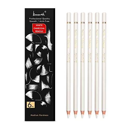 Brusarth White Charcoal Pencils Drawing Set, Professional 6 Pieces Sketch Highlight White Pencils for Drawing, Sketching, Shading, Blending, White Chalk Pencils for Beginners & Artists