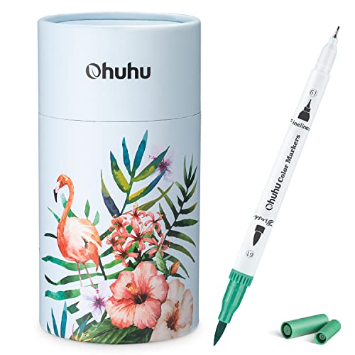 Ohuhu Markers for Adult Coloring Books: 60 Colors Dual Brush Fine Tips Art Marker Pens - Watercolor Markers for Kids Adults Lettering Drawing Sketching Bullet Journal - Non-Bleed Non-Toxic - White