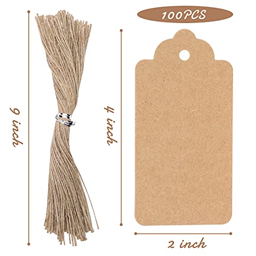 SallyFashion Kraft Paper Tags, 2X4 Inches Brown Kraft Paper Gift Tags 100 PCS Craft Hang Tags with Free 100 Root Natural Jute Twine for Gifts Arts and Crafts Wedding Holiday