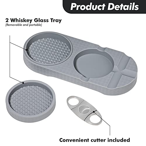 Koluti 2-Layer Whiskey Glass Coaster Tray, 4 Slot Silicone Rectangular Large Home Case for Office, Restaurant, Great Men Gift Set for Indoor Outdoor with Convenient Cutter, Gray