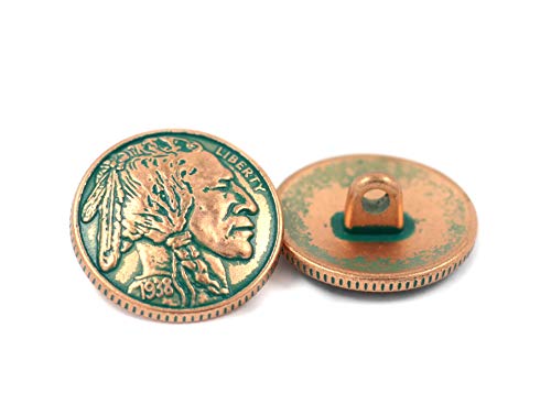 Bezelry 12 Pieces Indian Head Coin Style Metal Shank Buttons. 21mm (13/16 inch) (Copper Green)