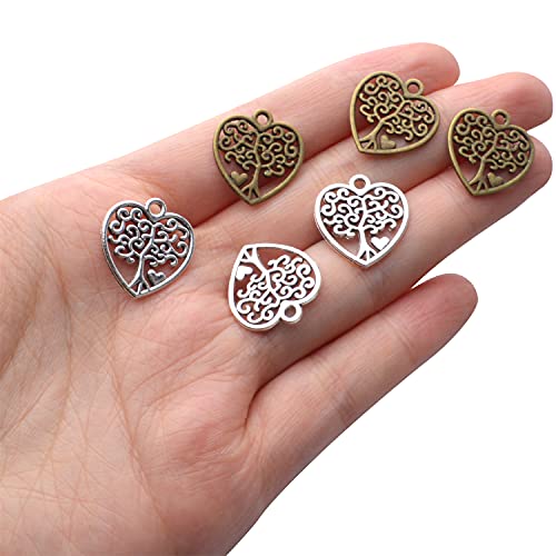100pcs Heart Charm Alloy Tree of Life Charms Pendants Heart Charms Beads Craft Supplies for DIY Jewelry Earrings Necklace Making,Antique Bronze and Antique Silver