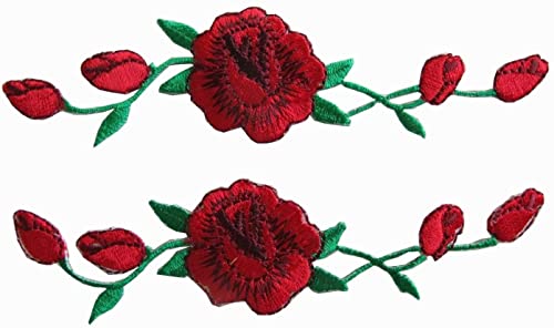 Yonisun 2 Pcs Applique Patch Rose Flower Embroidery Iron On Flower Appliques for Craft, Sewing, Clothing, Scrapbooking Decorative 1 1/8" x4 3/4" inch (Red)