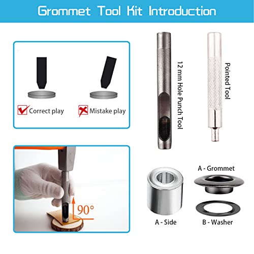 Grommet Tool Kit, 1/2 Inch Grommets Eyelets Sets,100 Sets Grommets, Eyelets Kit with 3 Pcs Leather Punch Tool, Stainless Steel Grommets for Fabric, Canvas, Shoes, Tarps, Clothing (Black and Silver)