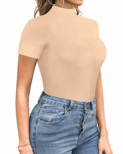 MANGOPOP Casual Mock Neck Short Sleeve Bodysuit Tops for Women (Short Sleeve Nude, Small)
