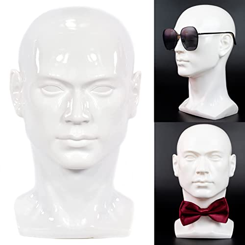 Male PVC Mannequin Head Professional Display Head Stand Model Men Manikin Head for Display Headset Headphone Game Hats Wigs Jewellery Tie and Scarves(Bright White)