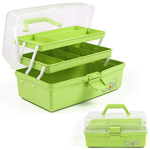 12in Three-Layer Multipurpose Storage Box Organizer Folding Tool Box / Art & Crafts Case / Sewing Supplies Organizer / Medicine Box / Family First Aid Box with 2 Trays (Green))