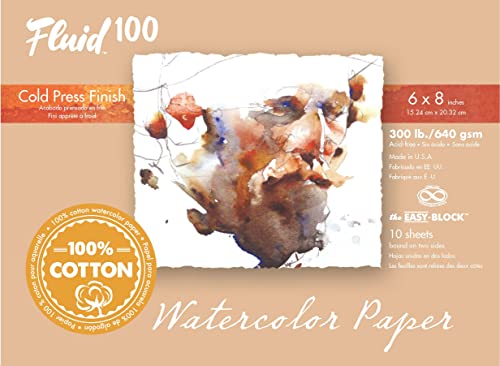 Fluid 100 Artist Watercolor Block, 300 lb (640 GSM) 100% Cotton Cold Press Pad for Watercolor Painting and Wet Media w/ Easy Block Binding, 6 x 8, 10 Sheets