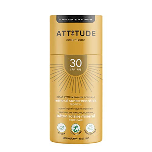 ATTITUDE Sunscreen Stick, Broad Spectrum UVA/UVB, Plant and Mineral-Based Formula, Vegan and Cruelty-free Sun Care Products, Body, SPF 30, Tropical, 3 Ounces