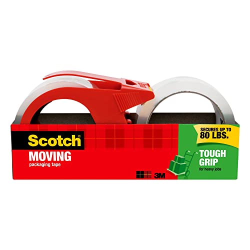Scotch Tough Grip Moving Packing Tape, Clear, Moving Tape That Secures Boxes up to 80 Pounds, Holiday Shipping Tape for Large Boxes, 1.88 in. x 54.6 yd., 2 Tape Rolls with 1 Dispenser