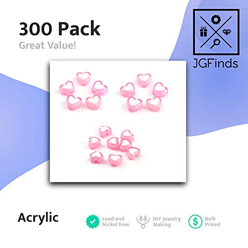 JGFinds Heart Spacer Beads, 300 Pack, 8mm with 1.8mm Hole, Acrylic Colorful Bright Looking Pony Beads Hearts (Pink), for Bracelets and Other Jewelry Making