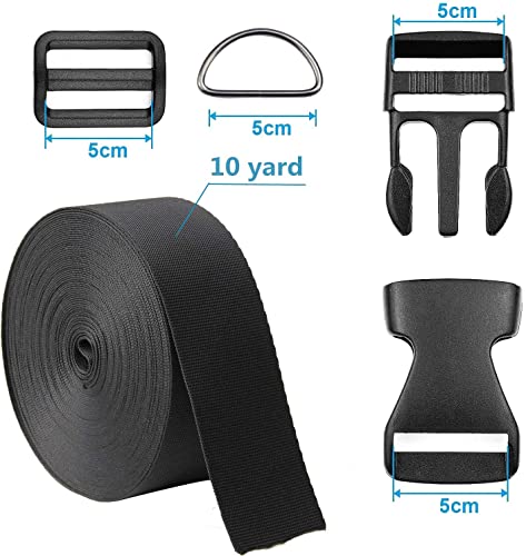 2 Inch Wide 10 Yards Black Nylon Heavy Webbing Strap+12 Set Plastic 1 Inch Flat Side Release Buckles