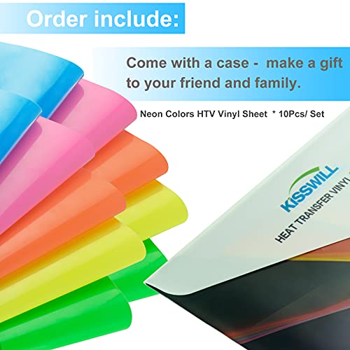 KISSWILL Neon HTV Heat Transfer Vinyl - 5 Colors 10 Pack 12"x10" Neon Color HTV Iron on Vinyl, Easy to Weed HTV Vinyl Compatible with Silhouette Cameo (Neon Green/Yellow/Pink/Blue/Orange)