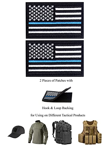 Tactical Patches of USA US American Flag Law Enforcement Thin Blue Line, with Hook and Loop for Backpacks Caps Hats Jackets Pants, Military Army Uniform Emblems, Size 3x2 Inches, Pack of 2