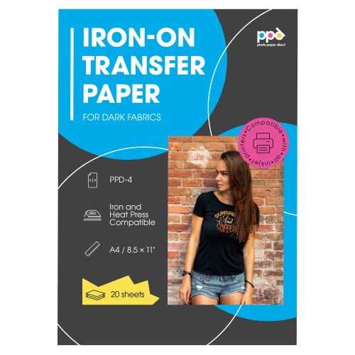 PPD Inkjet Premium T Shirt Transfer Paper - Iron On for Dark Fabric - 8.5 x 11 inch Paper Size - 20 Sheet Count - PPD-4-20