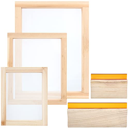 Colovis Screen Printing Frame and Squeegee Kit for Home or Small Business, Include 3 PCS Wooden Screen Printing Frames with Mesh and 2 PCS Screen Printing Squeegees