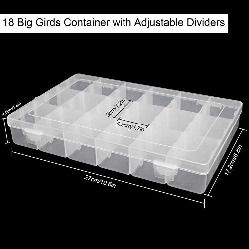 5 Pack Plastic Jewelry Organizer Box 18 Big Girds Clear Storage Organizer Case with Adjustable Dividers Jewelry Storage Container Multi Compartment Storage Box for Washi Tape, Bead, Gem, Rock