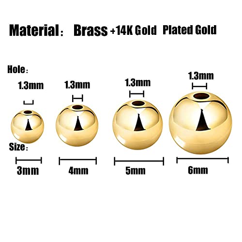 200 Pcs Mix 14K Gold Plated Beads Smooth Little Round Spacer Beads Brass Long-Lasting Tarnish Resistant Seamless Loose Beads for DIY Bracelet Jewelry Making (3/4/5/6MM-Gold)