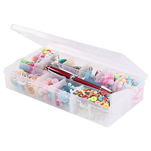 18 Grids Clear Organizer Box, Plastic Compartments Storage Container with Dividers for Ribbon, DIY Crafts, Bead, Jewelry, Sewing, Fishing Tackles, Thread, Size 9.2x4.7x1.7 in