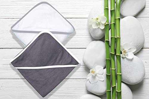 BAMBOO QUEEN 2 Pack Premium Bamboo Baby Bath Towel - Ultra Soft Hooded Towels for Babies,Toddler,Infant - Newborn Essential -Perfect Baby Registry Gifts for Boy Girl(White and Dark Grey, 30x30 Inch)