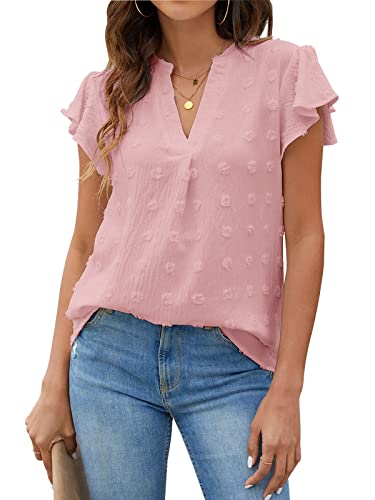 Blooming Jelly Womens White Blouse V Neck Ruffle Sleeve Flowy Shirts Dressy Casual Cute Summer Tops(Large, Dusty Rose)