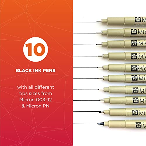 SAKURA Pigma Micron Fineliner Pens - Archival Black Ink Pens - Pens for Writing, Drawing, or Journaling - Assorted Point Sizes - 10 Pack