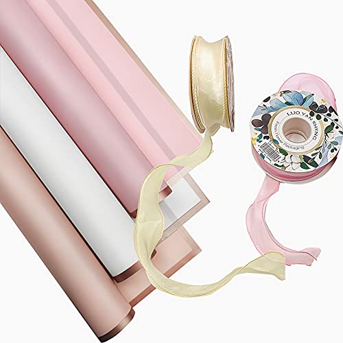60 Sheets Flowers Wrapping Paper Translucent Gold Edge Florist Bouquet Paper Waterproof Wrapping Paper 23 x 23 Inch with 20 Yards Ribbon DIY Crafts Gift Box Packaging Florist Bouquet Supplies