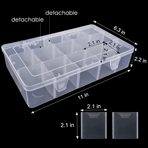 Exptolii 15 Large Grids Plastic Organizer Box with Dividers, 2 Pack Clear Compartment Container Storage for Washi Tapes Beads Crafts Jewelry Fishing Tackles, Size 11 x 6.3 x 2.2 in